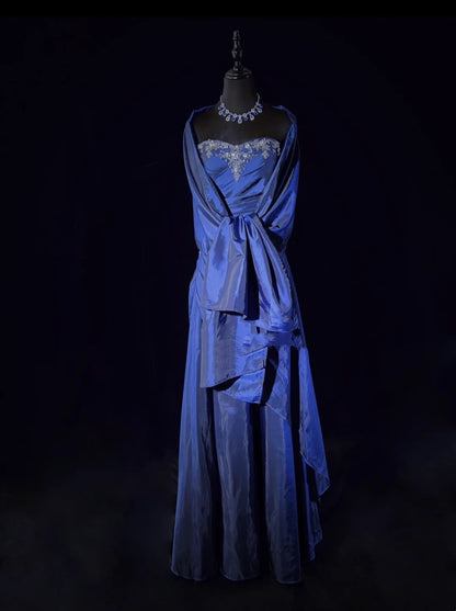 Vintage Prom Dresses A line Sweetheart Navy Blue Taffeta With Beaded Cape 90s Long Formal Gown N2904