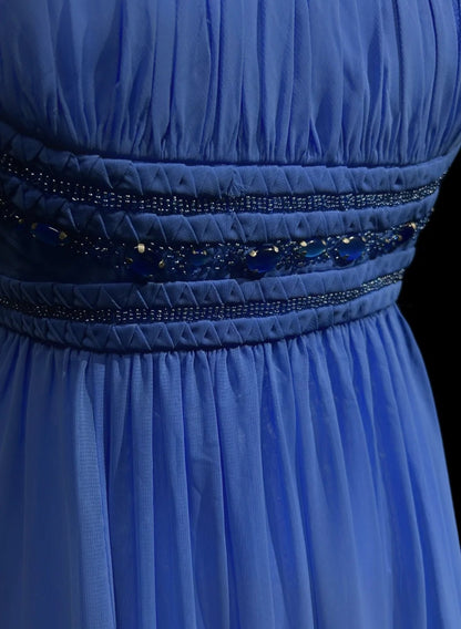Vintage Ballkleider A-Linie Spaghettiträger Blau Chiffon mit Perlenbesatz Langes Abendkleid N2446