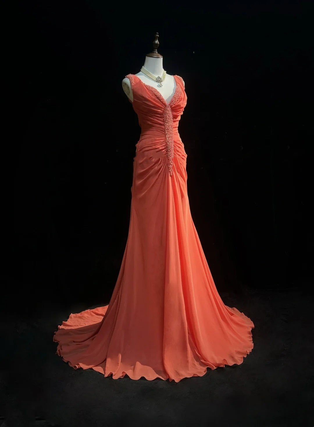 Robes de bal vintage des années 2000 Sirène Col en V Orange Mousseline avec perles à volants Longue robe de bal N3093