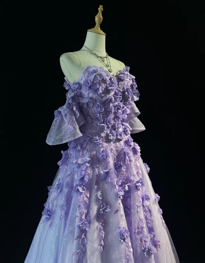 Robes de bal de princesse avec fleurs 3D, épaules dénudées, lilas, tenues de soirée formelles N3894