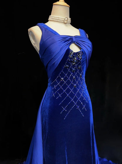 Vintage Ballkleider Meerjungfrau Königlich Blau Samt Ärmellos Mit Perlen 90er Lang Formelles Kleid N2902