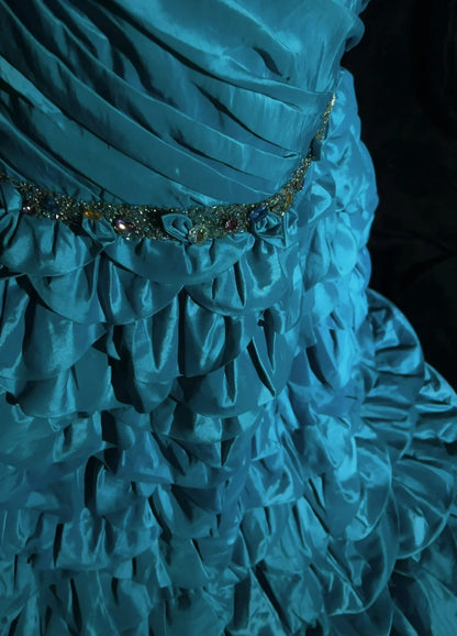 Robes de bal vintage Sirène Asymétrique Rétro Taffetas Bleu Perlé Années 90 Robe de Soirée Longue N2905