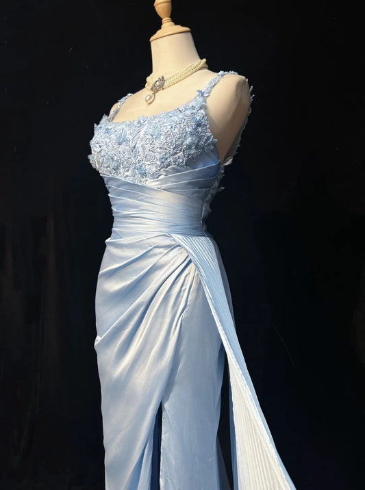 Light Sky Blue Prom Dress Inspo Mermaid Straps With Appliqued Slit Modest Long Formal Party Gown RC0082