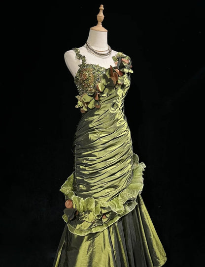 Robes de bal vintage sirène en satin vert olive avec perles robe de soirée longue années 90 N2591