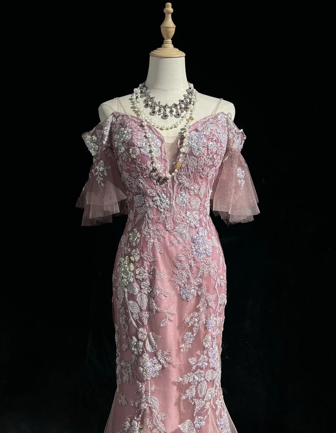 Robes de bal sirène modestes, bretelles spaghetti, dentelle rose, manches courtes, longues tenues de soirée formelles N3627