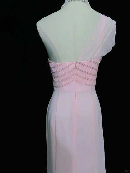 Vintage Abschlussballkleider 80er Meerjungfrau One Shoulder Pink Chiffon Ärmellos Mit Perlen Semi-Formale Abendoutfits N3620