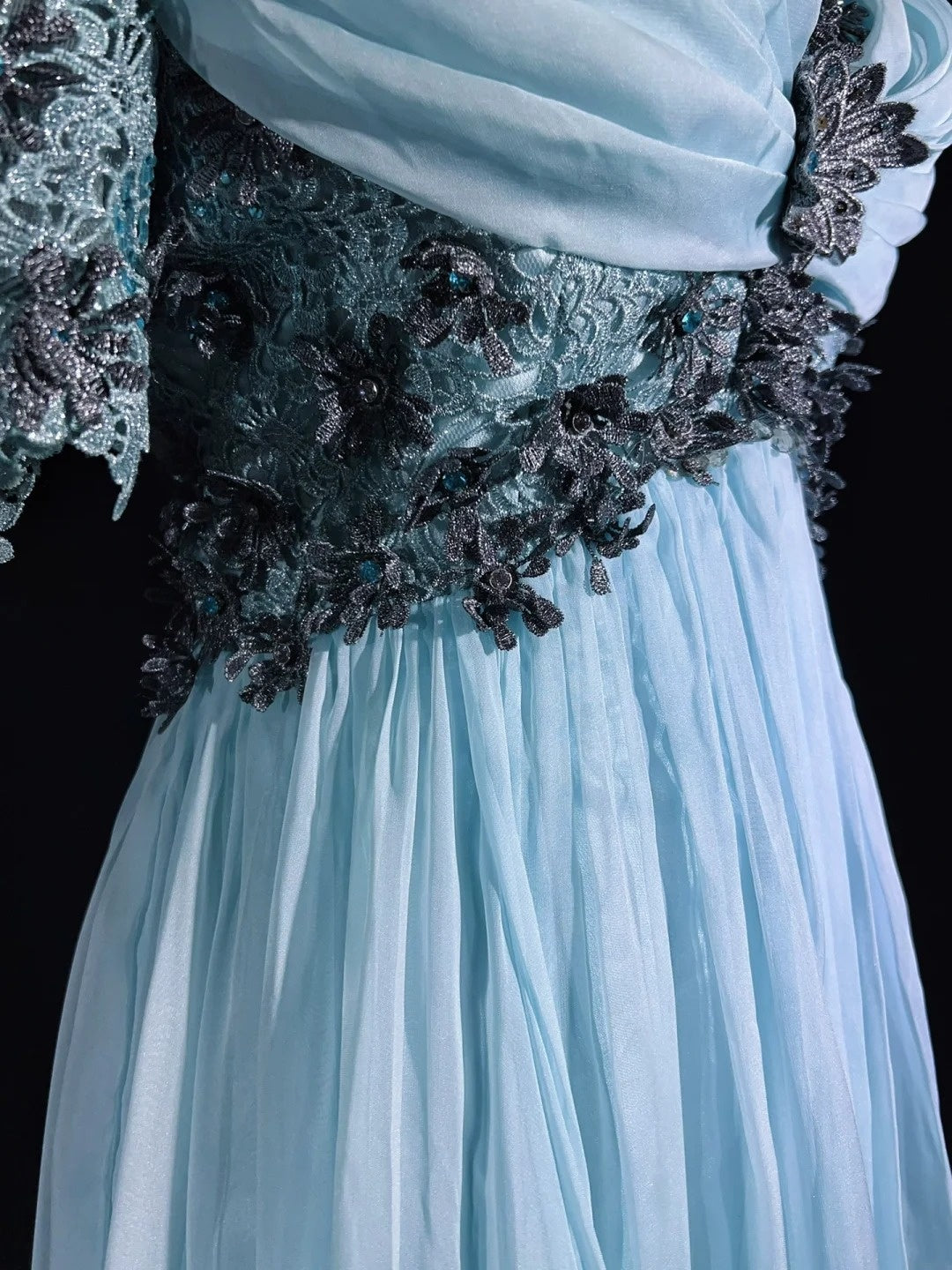 Robes de bal vintage des années 60, coupe trapèze, col en V, mousseline bleu ciel clair avec appliques, longue robe de bal N3109