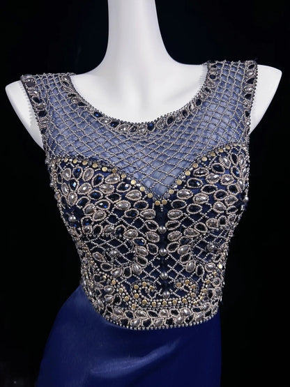 Vintage Prom Dresses 1950er Meerjungfrau U-Boot-Ausschnitt Royalblau Satin mit Schlitz Perlen Ärmellose Abendgarderobe Formelle Outfits RB4333