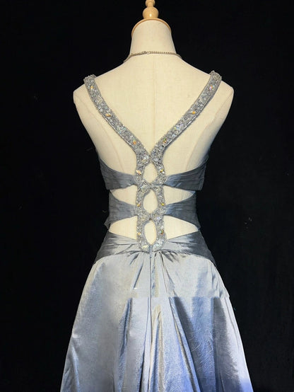 Vintage Prom Dresses Inspo A line Halter Grey Drop Waist Satin 80s Long Formal Gowns With Beads N2863