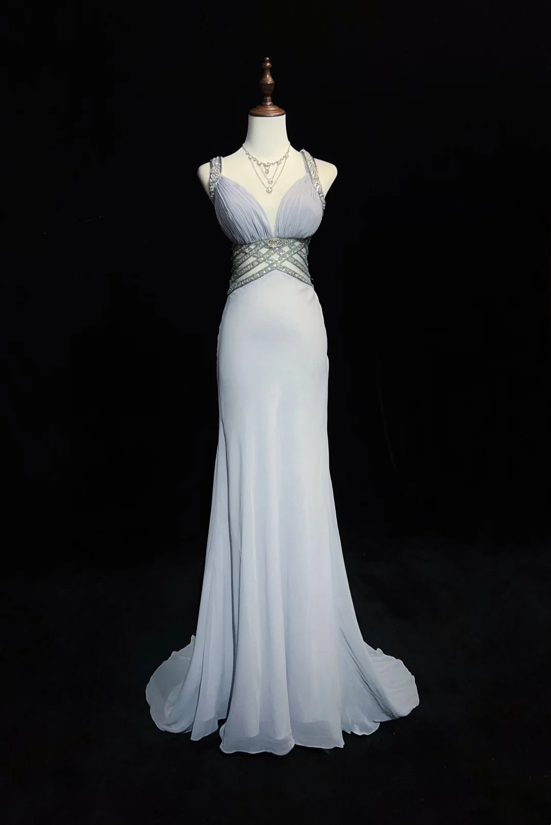 Robes de bal vintage sirène bustier en cœur mousseline grise avec perles robe de soirée longue années 1970 N2614