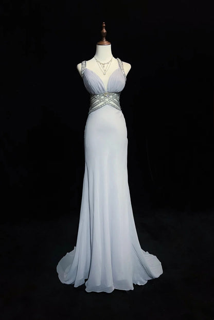 Robes de bal vintage sirène bustier en cœur mousseline grise avec perles robe de soirée longue années 1970 N2614