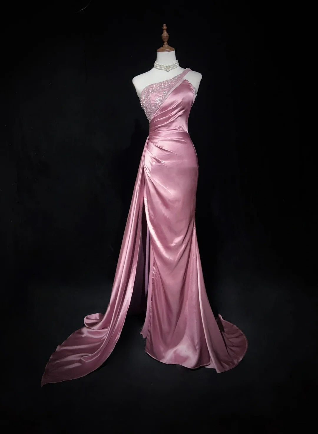 Robes de bal vintage, inspiration sirène, asymétrique, satin avec perles, fente, robe de soirée longue années 80 N2735