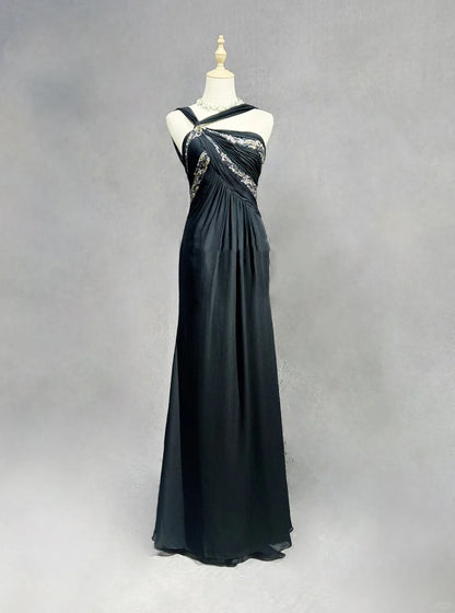 Modest Prom Dresses A Line Halter Black Chiffon Backless Floor Length Formal Evening Outfits N3484