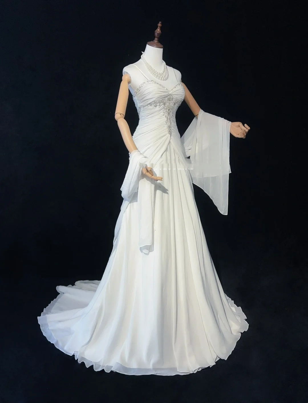 Zeitlose Brautkleider Meerjungfrau Spaghettiträger Weiß Chiffon Mit Schal Langes Brautkleid N3063