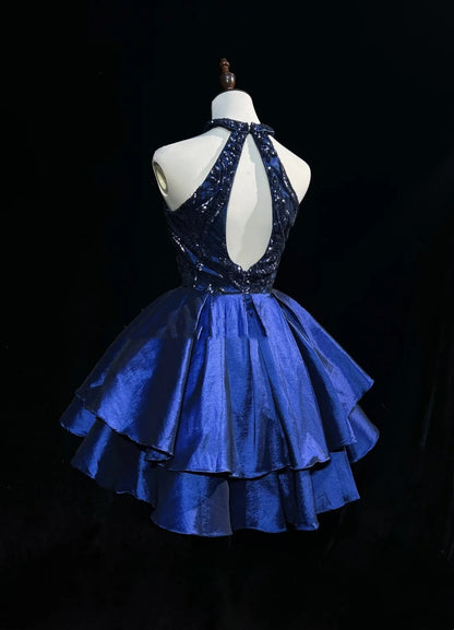 Robe de soirée modeste col haut bleu marine satin paillettes idées pour femmes courtes robes d'anniversaire mini tenues de retour à la maison N3272