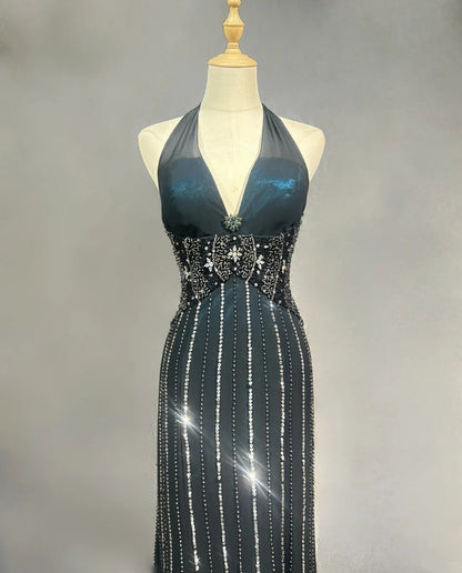 Vintage Ballkleider 1980er Meerjungfrau Neckholder Schwarz Chiffon mit Perlen Langes Ballkleid N3122