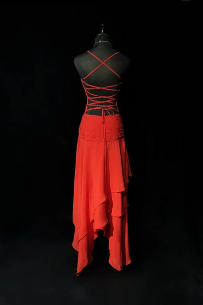 Vintage Prom Dresses Aesthetic 80s Retro A Line Red Backless Chiffon Mid Length Evening Outfits N2323
