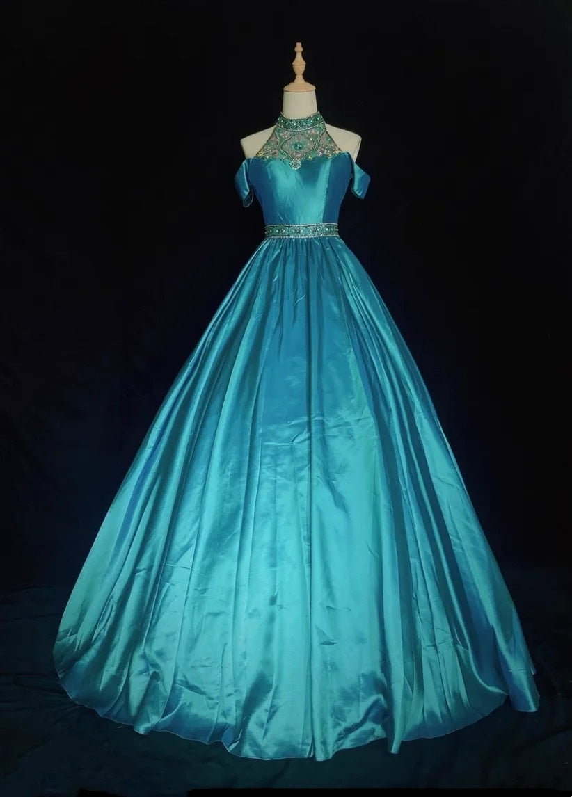 Inspiration Robes de bal vintage Robe de bal col haut satin bleu années 1990 avec perles Robes de soirée N3322