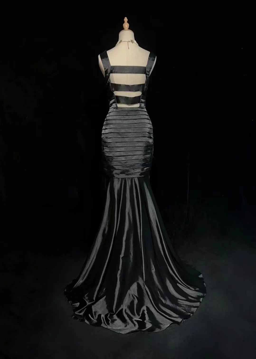 Vintage Prom Dresses Mermaid Square Neck Black Satin With Pleated 1950s Long Formal Gown N2599