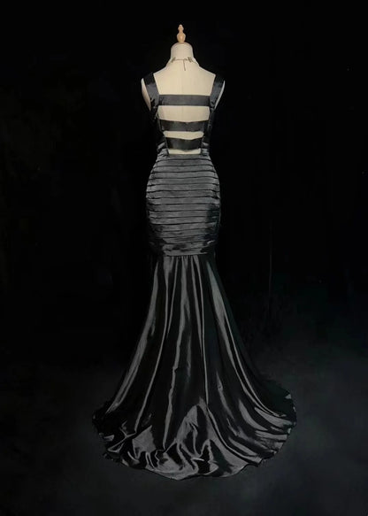Vintage Prom Dresses Mermaid Square Neck Black Satin With Pleated 1950s Long Formal Gown N2599