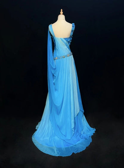 Vintage Prom Dresses Inspo Mermaid V Neck Royal Blue Chiffon With Flowers Beads 80s Long Formal Gown N2743