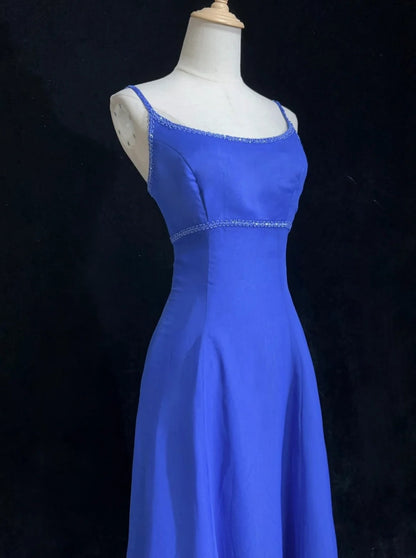 Hübsche Ballkleider A-Linie Spaghettiträger Königsblau Chiffon mit Perlen Lang Festliches Kleid N3002
