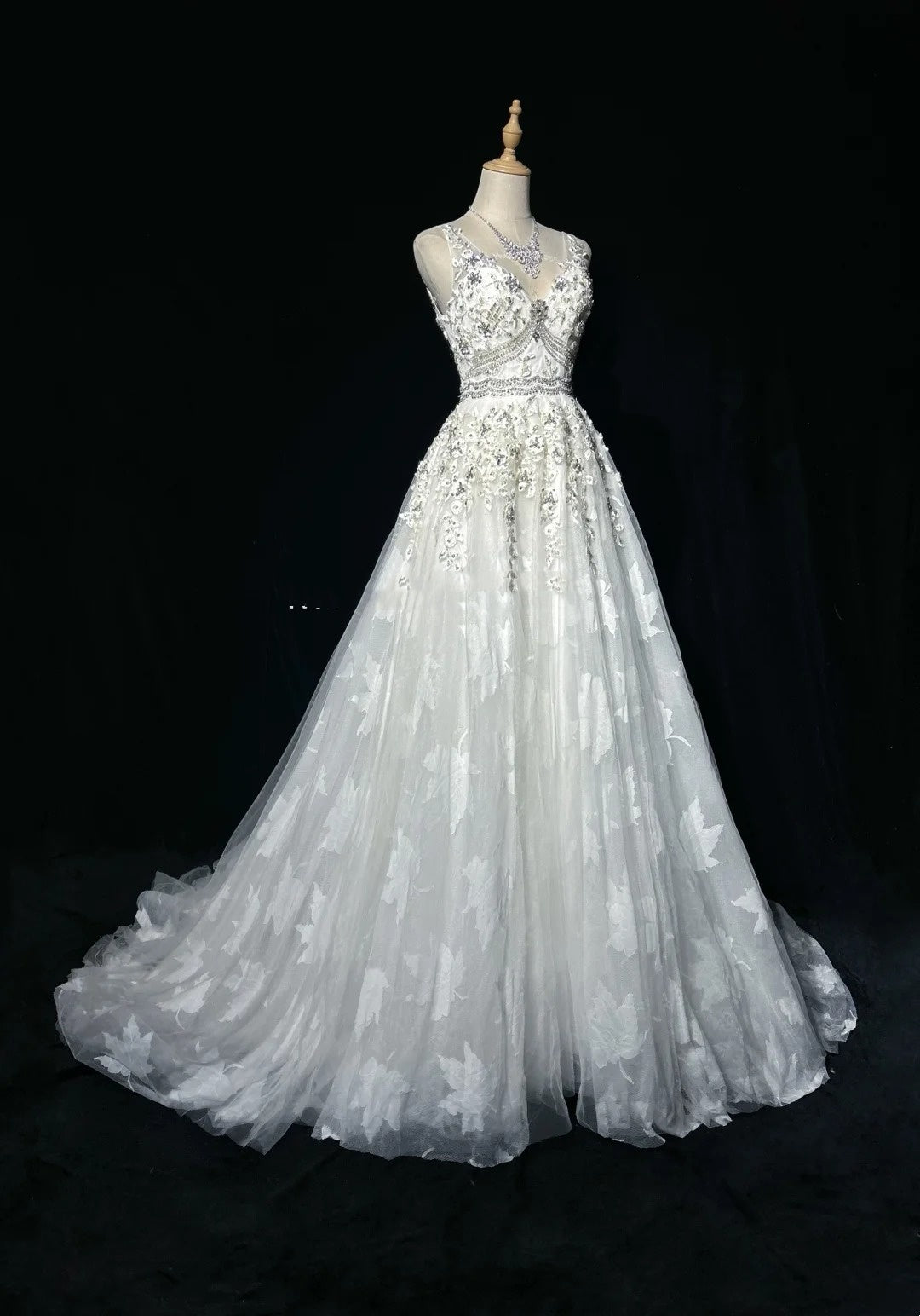Robes de bal modestes trapèze col en V tulle blanc dentelle sans manches longues tenues de soirée formelles N3618