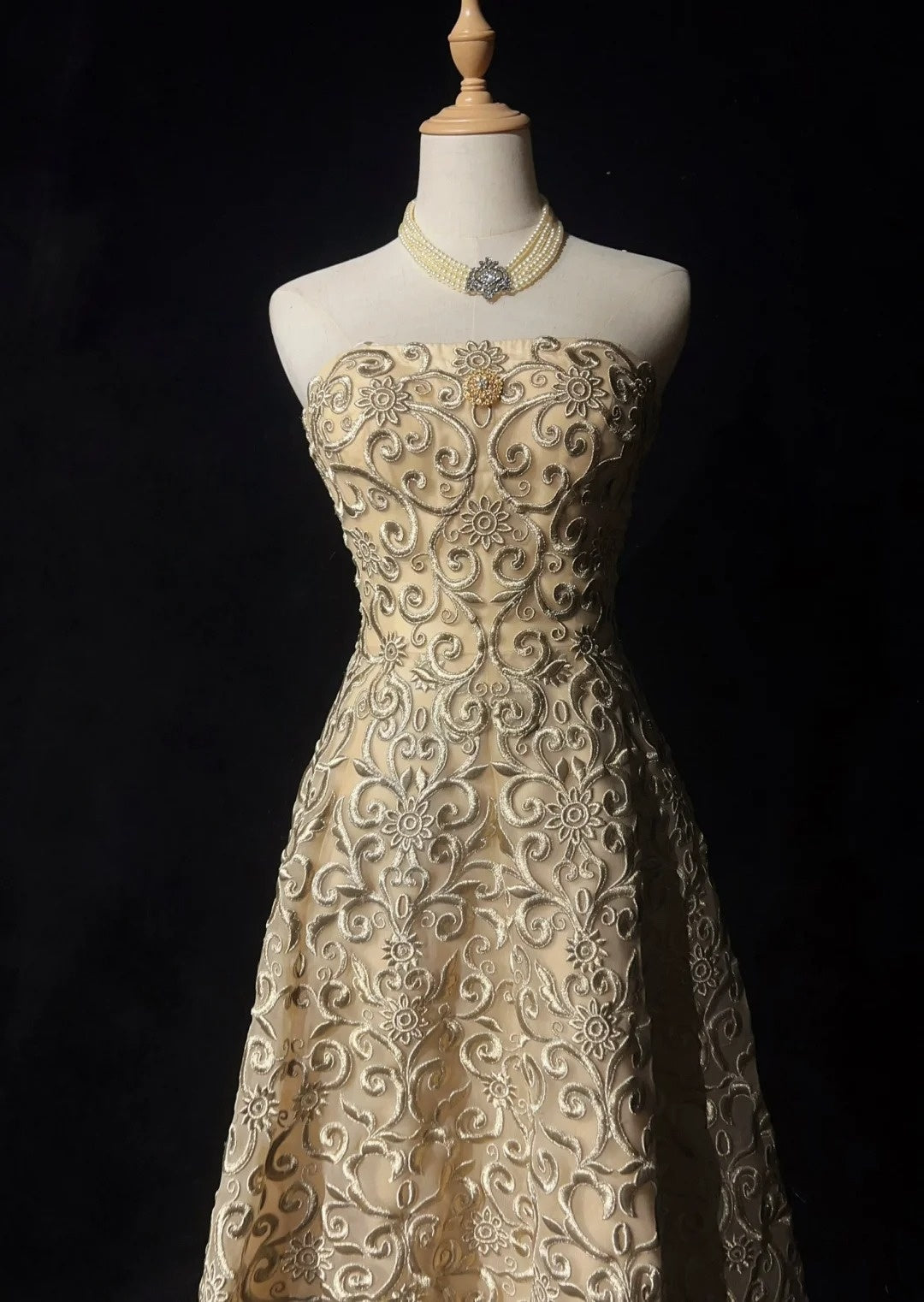 Robes de bal vintage en dentelle dorée sans bretelles sans manches des années 1990, longue robe de soirée formelle N2639