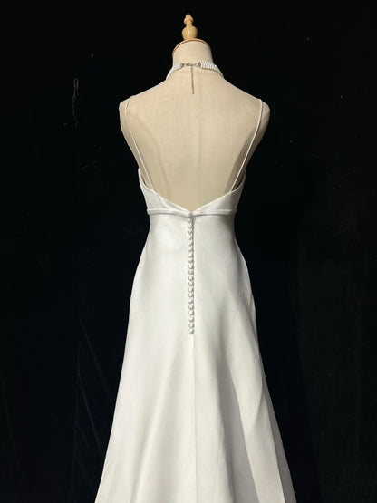 Vintage A line Spaghetti Strap Sleeveless Floor Length Satin Garden White Wedding Dresses RB3313