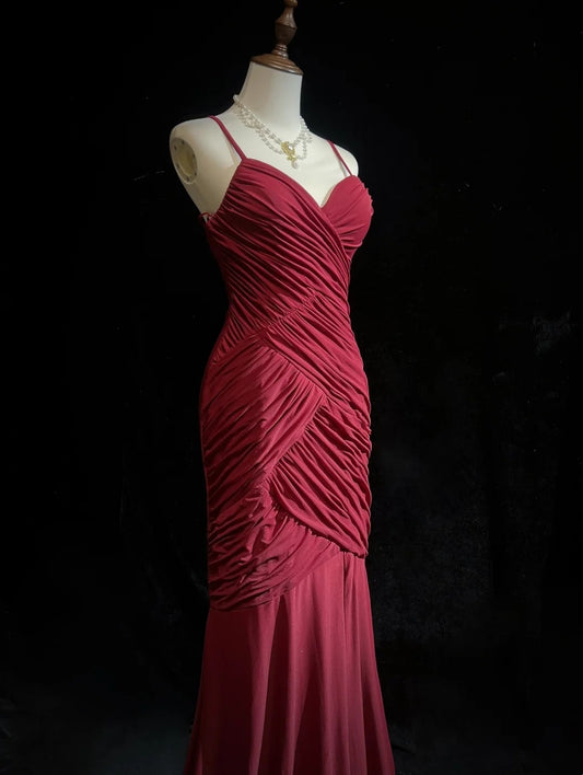 Vintage Meerjungfrau 2000er Spaghettiträger Burgunder Chiffon Mit Plissiertem Abendkleid Lange Abschlussballkleider N2577