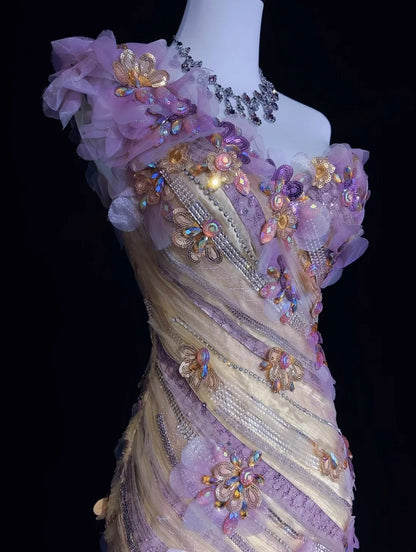 Verträumte 90er Abschlussballkleider Meerjungfrau One-Shoulder Flieder mit 3D-Blumen Formelle Abendgarderobe N3802