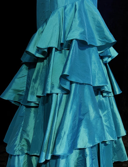Vintage Prom Dresses 80s Mermaid One Shoulder Blue Satin Sleeveless With Ruffled Semi Formal Evening Outfits N3623