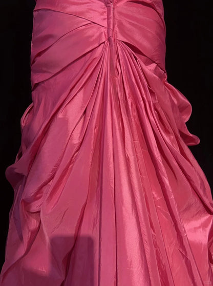 Vintage Abschlussballkleider Meerjungfrau Trägerlos Hot Pink Satin Mit Gestuften Lagen 90er Langes Abendkleid N2915