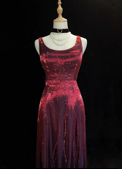 Vintage Prom-Kleider A-Linie Quadratisch Burgund mit Glitzer Perlen 80er Abendkleid Formell RB3278