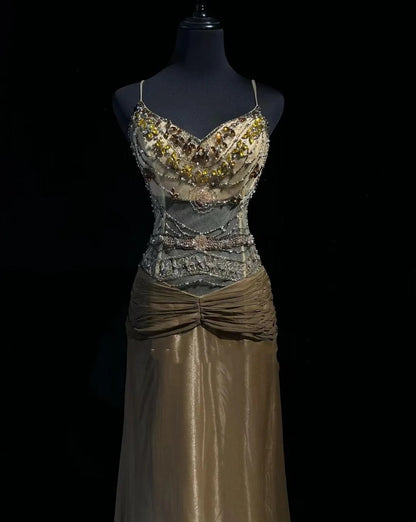 Ombre Gold Prom Dress Inspo A line Spaghetti Straps 18th Birthday Outfits Formal Party Gown RC0110