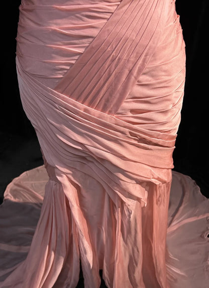 Robe de soirée longue sirène vintage rose plissée sans manches pour anniversaire, bal de promo N2447
