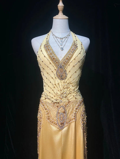 Modestes Robes de Bal de Fin d'Année pour Lycée Inspiration Coupe Droite Licou Jaune Semi-Formel Longues Robes de Bal pour Adolescentes AB2153
