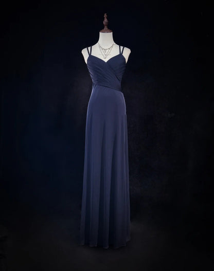 Robes de bal vintage des années 80, coupe trapèze, fines bretelles, en satin bleu marine, longues avec perles, tenues de soirée N3133