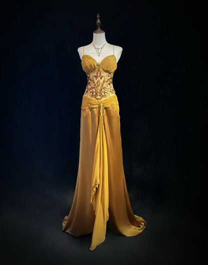 Robes de bal vintage Sirène Bretelles fines Dorées avec volants Perles Mousseline Robe de soirée années 90 N2588