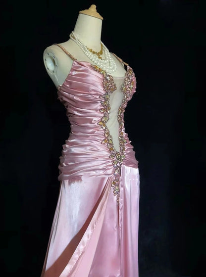 Vintage Abiballkleider 80er Meerjungfrau Spaghettiträger Rosa Satin Lange Formelle Abendkleider N3479
