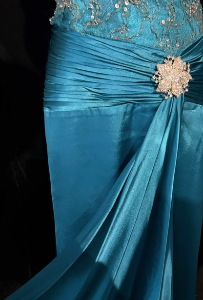 Vintage-Abschlussballkleider-Inspo Meerjungfrau Spaghettiträger Blau Satin 80er Jahre Mit Perlen Abendkleider N3353