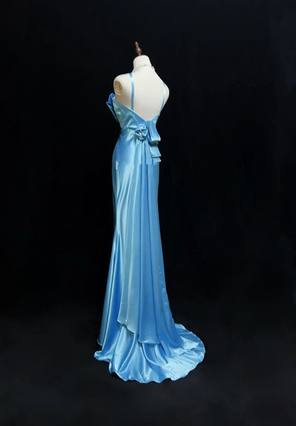 Elegante Ballkleider Meerjungfrau Neckholder Bodenlang Tiffany Blau Satin Formelles Abendkleid N3698