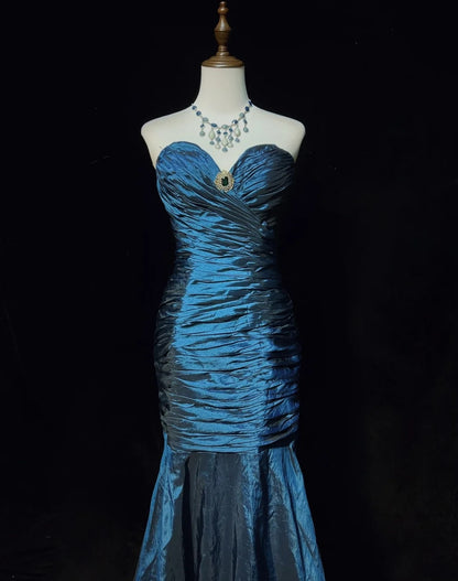 Robes de bal vintage des années 80 sirène bustier cœur en taffetas bleu marine longue robe de soirée N2575