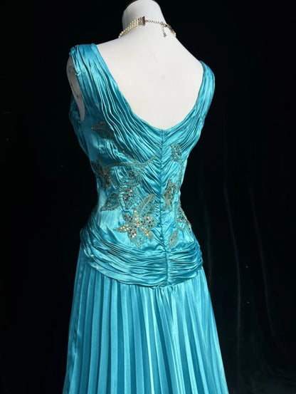Robes Esthétiques de Bal Vintage Ligne A en Satin Bleu avec Perles Appliquées Longue Robe de Soirée N3024