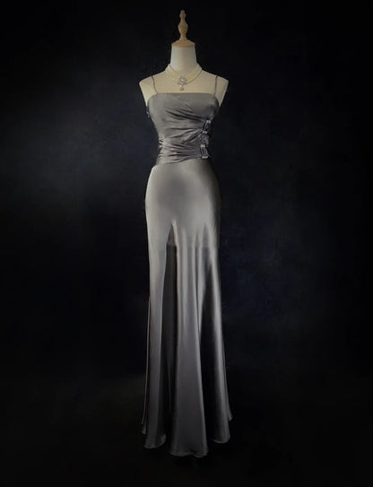 Robes de bal modestes Robes de soirée sirène en satin gris à bretelles spaghetti N3471