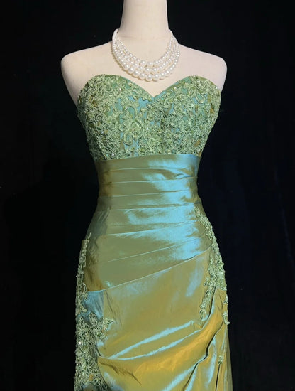 Glamorous Prom Dresses Mermaid Sweetheart Sage Green Satin With Beaded Appliqued Formal Dress N2877