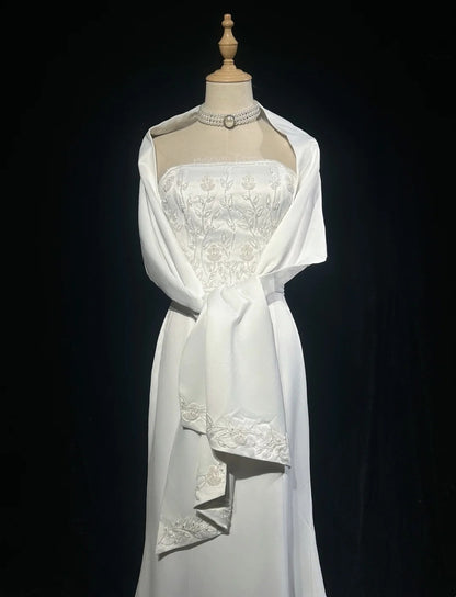 Vintage 90er Brautkleider Meerjungfrau Trägerlos Satin Weiß Perlen Sommer Garten Langes Brautkleid N3823