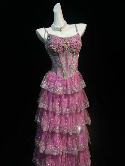 Vintage Prom-Kleider A-Linie Spaghettiträger Rosa Spitze 80er Jahre Mit Stufenrock Lange Formelle Abendkleider N4207