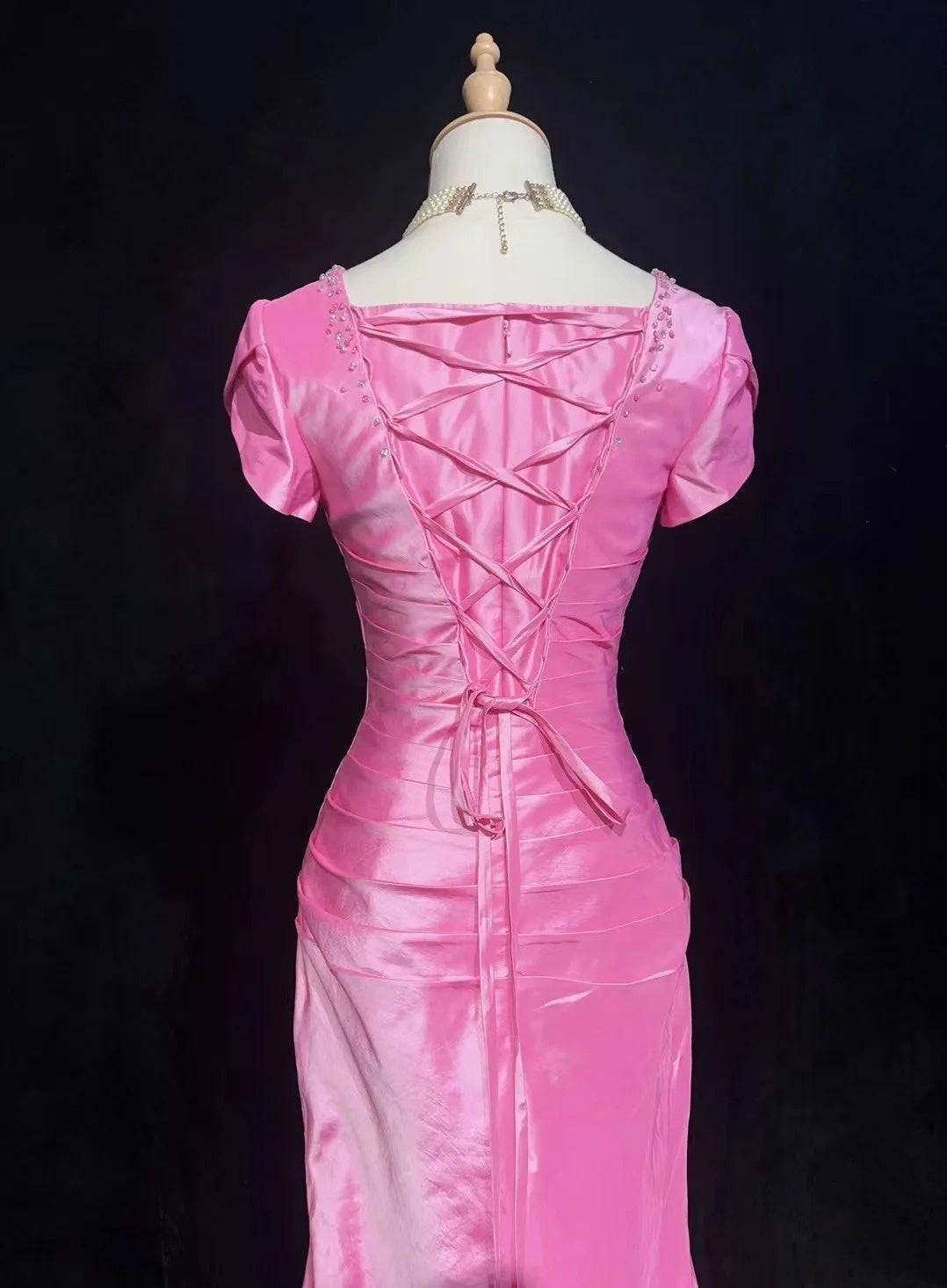 Vintage Prom Dresses Mermaid Square Neck Pink Satin With Ruffles Short Sleeves Long Formal Dress N2502