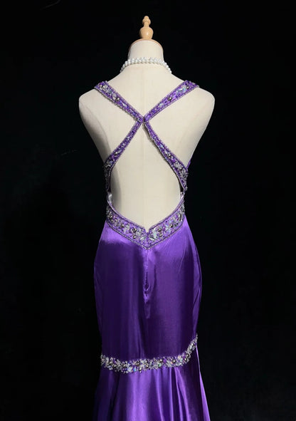 Vintage Meerjungfrau-Abschlussballkleid Spaghettiträger 80er Satin mit Perlen Stickerei rückenfrei langes Ballkleid N2515